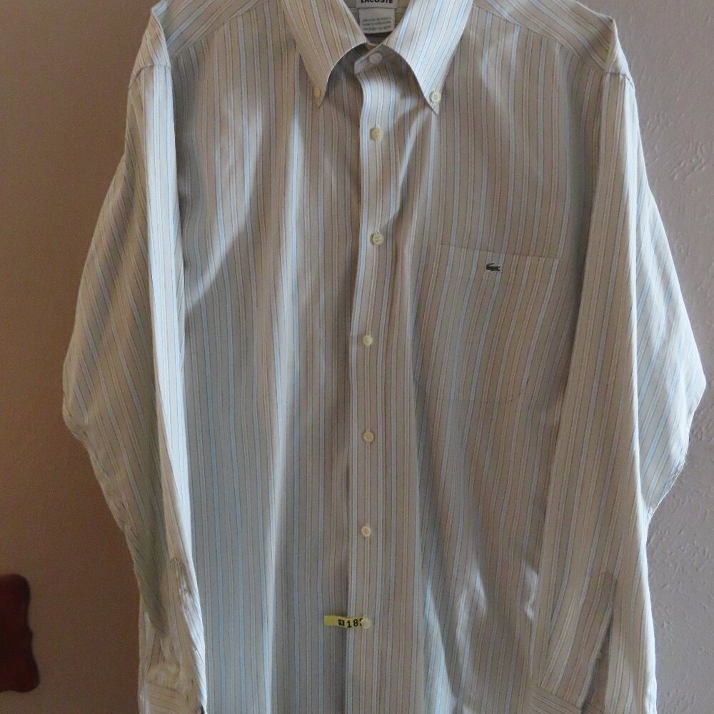 Lacoste Men's Long Sleeve Shirt; Tan/Blu Striped; Buttons; Size 42